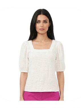 CeCe L white Short Puff Sleeve Square Neck Knit Top